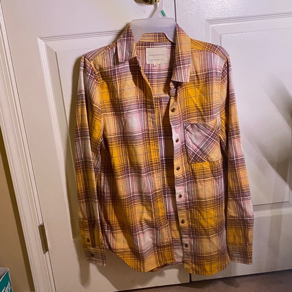 Aeropostale Yellow and Pink Plaid Shirt